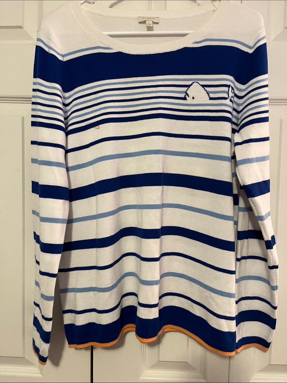 Talbots White and Blue Striped Crewneck Sweater with Orange Hem